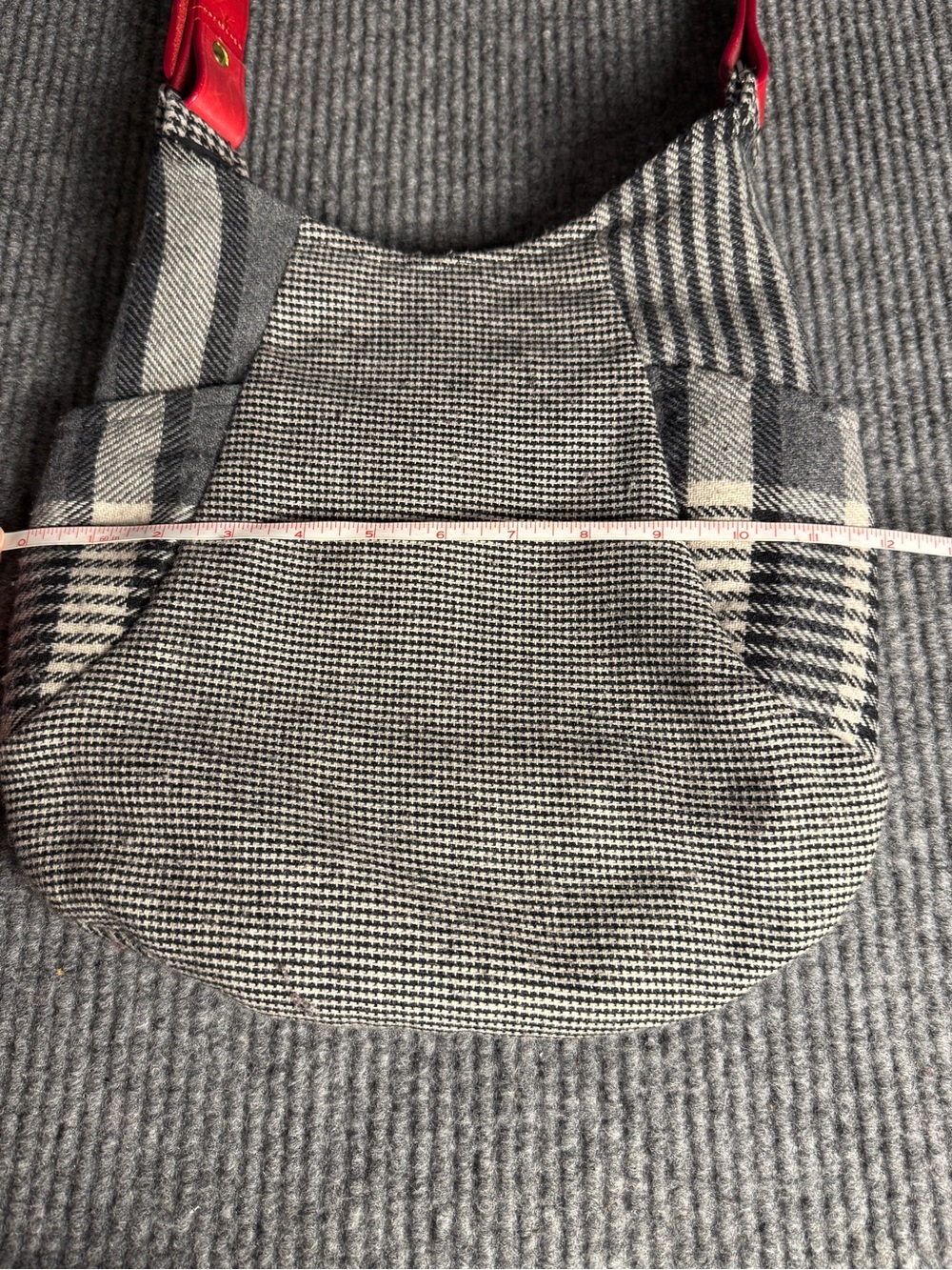 VTG Mixed Plaid & Houndstooth Wool Shoulder Bag with Vibrant Red Leather Strap - Picture 10 of 11